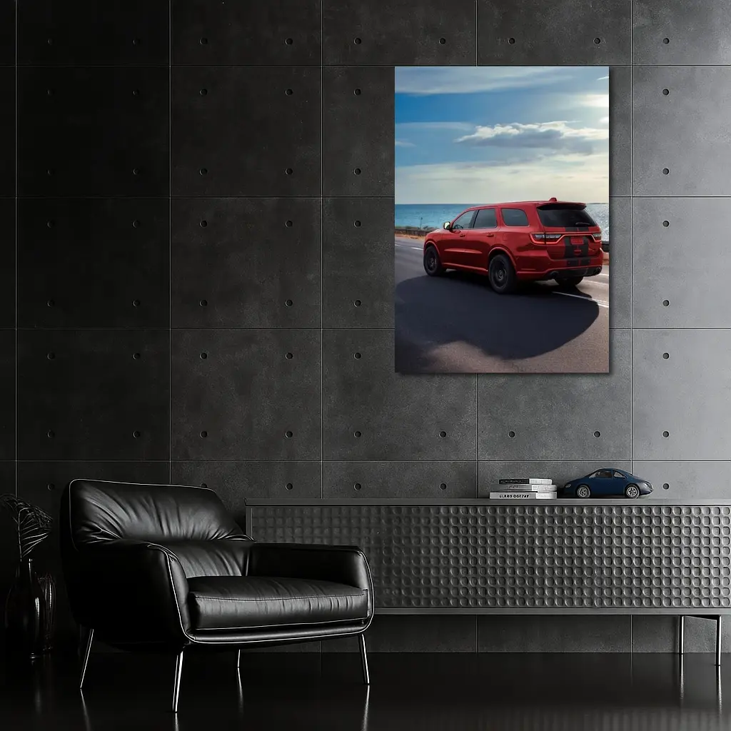 Red Dodge Durango Driving Along Coastal Road – Wall Art