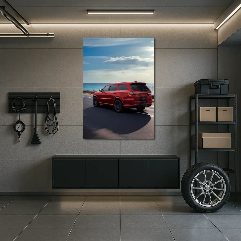 Red Dodge Durango Driving Along Coastal Road – Wall Art
