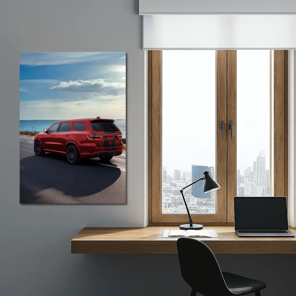 Red Dodge Durango Driving Along Coastal Road – Wall Art