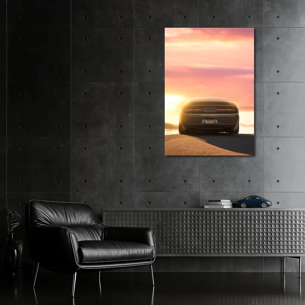 Dodge Challenger Rear View Sunset Sky – Wall Art