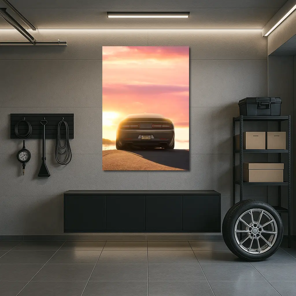 Dodge Challenger Rear View Sunset Sky – Wall Art
