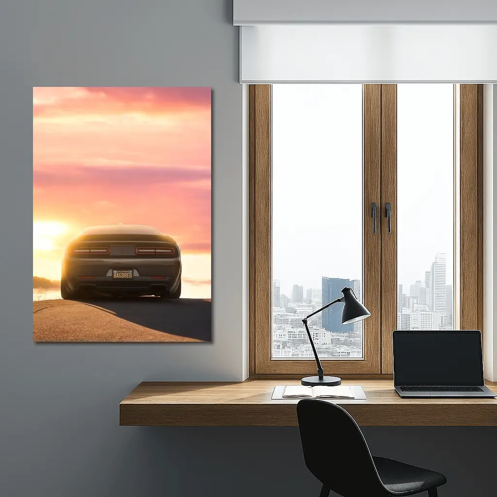 Dodge Challenger Rear View Sunset Sky – Wall Art