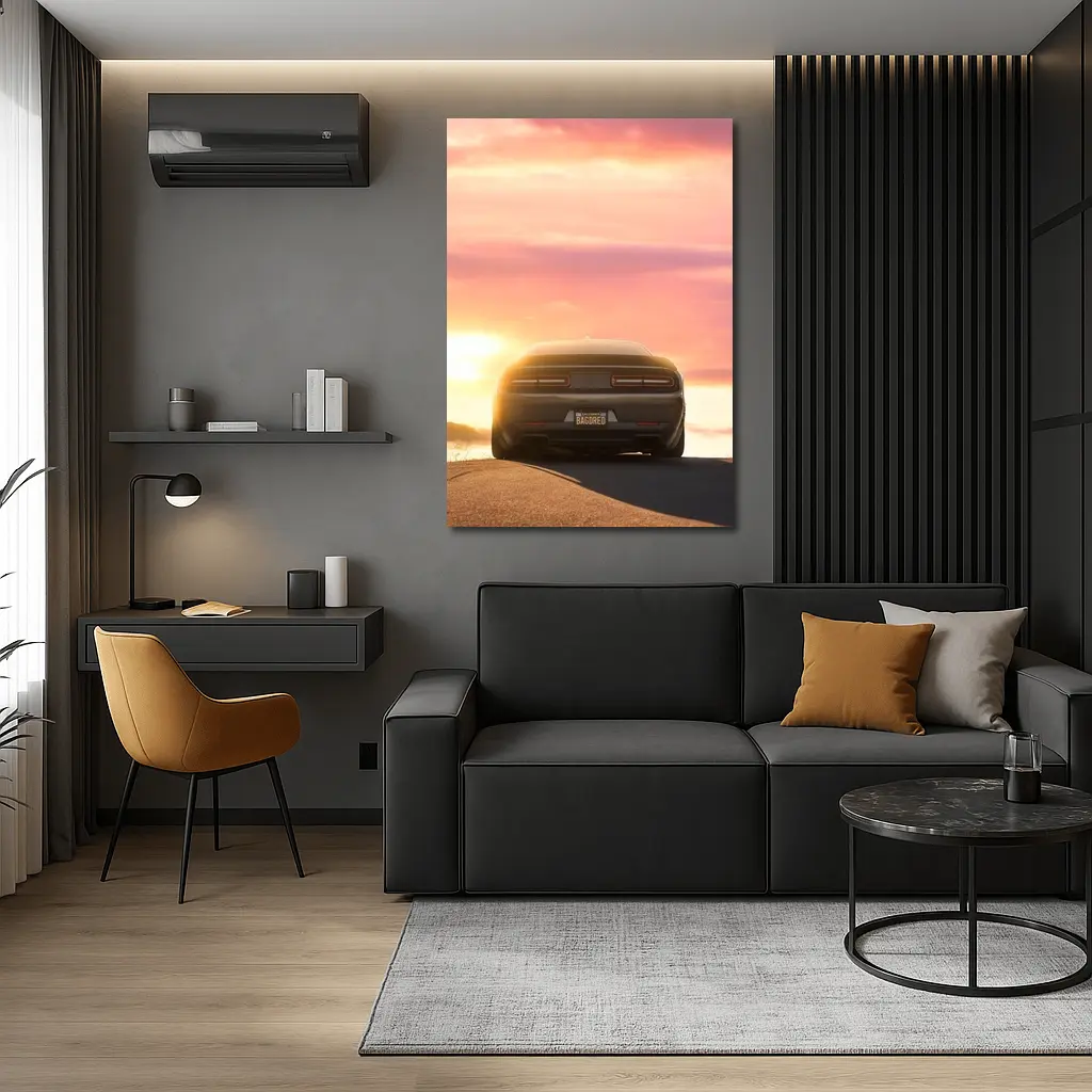 Dodge Challenger Rear View Sunset Sky – Wall Art