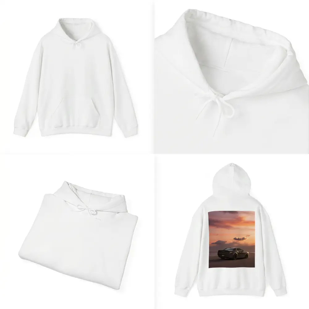 Dodge Challenger Parked on Beach at Sunset – Hoodies