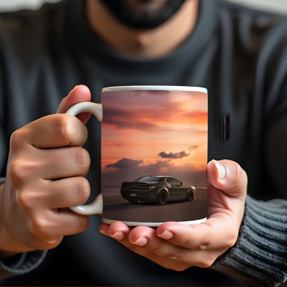 Dodge Challenger Parked on Beach at Sunset – Mugs