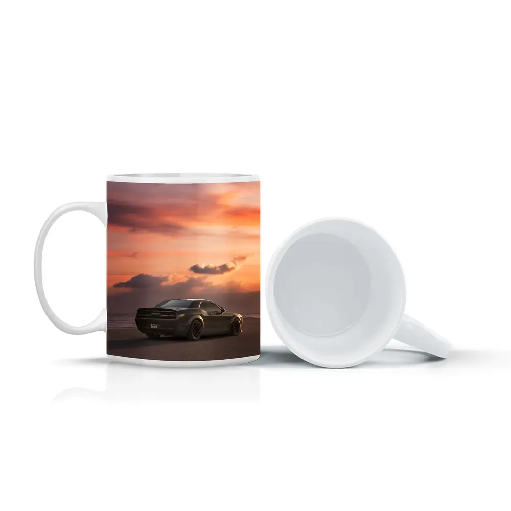 Dodge Challenger Parked on Beach at Sunset – Mugs