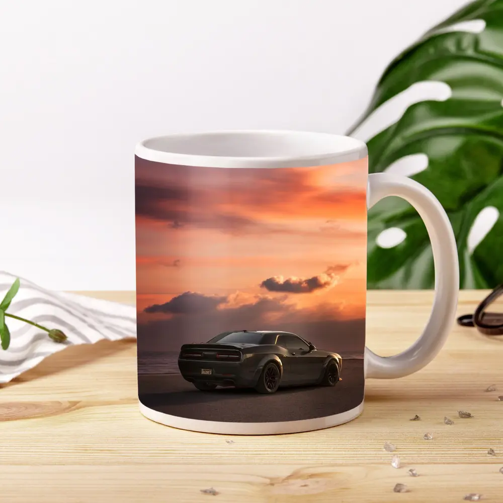Dodge Challenger Parked on Beach at Sunset – Mugs