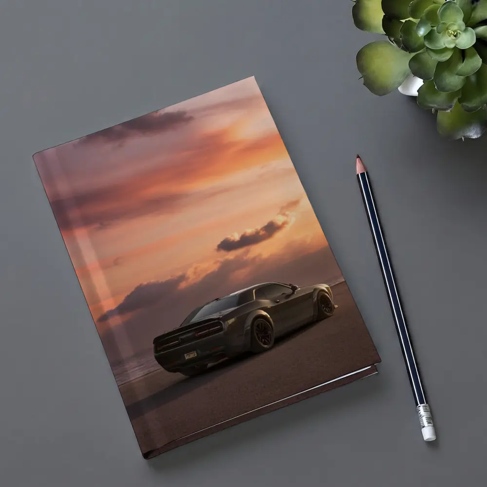 Dodge Challenger Parked on Beach at Sunset – Notebooks