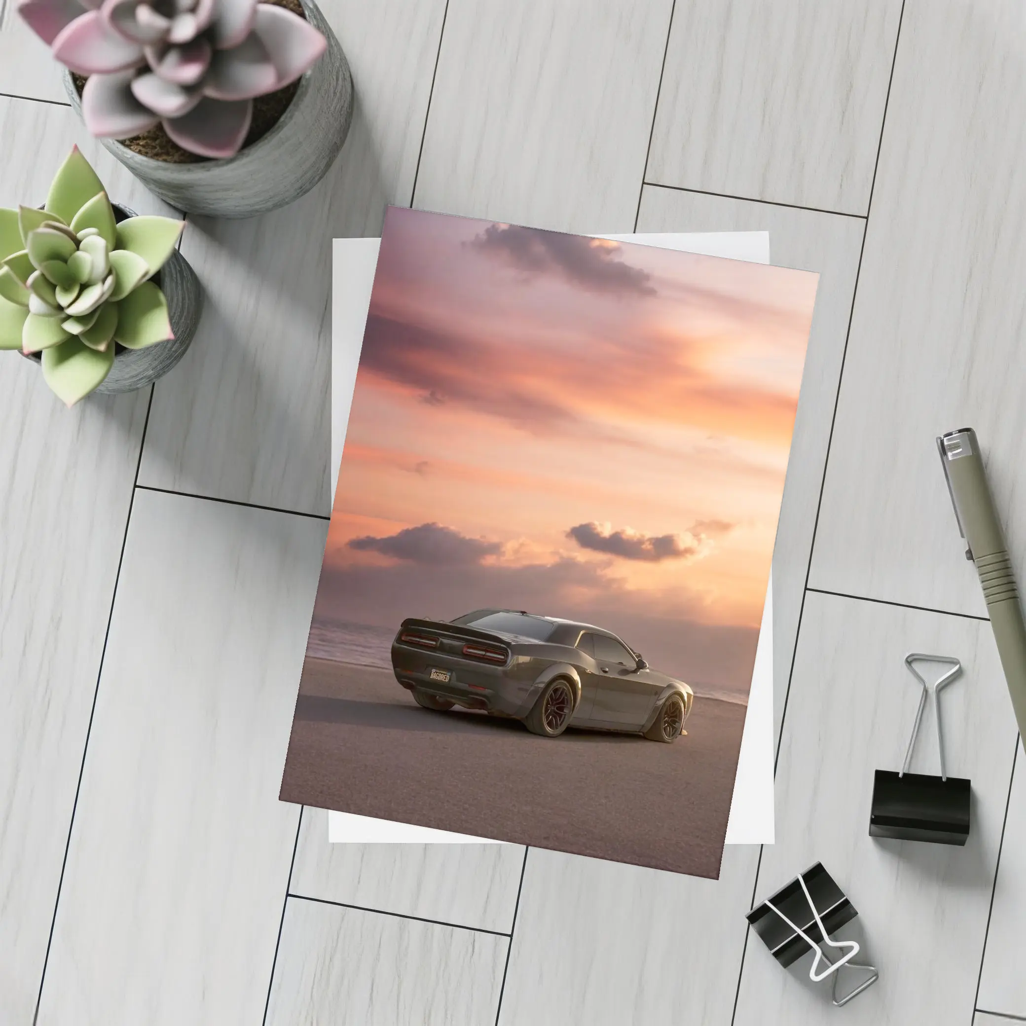Dodge Challenger Parked on Beach at Sunset – Postcards