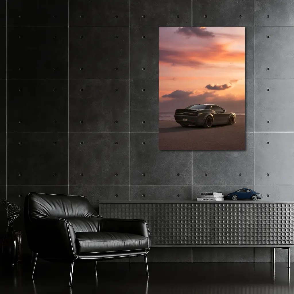 Dodge Challenger Parked on Beach at Sunset – Wall Art
