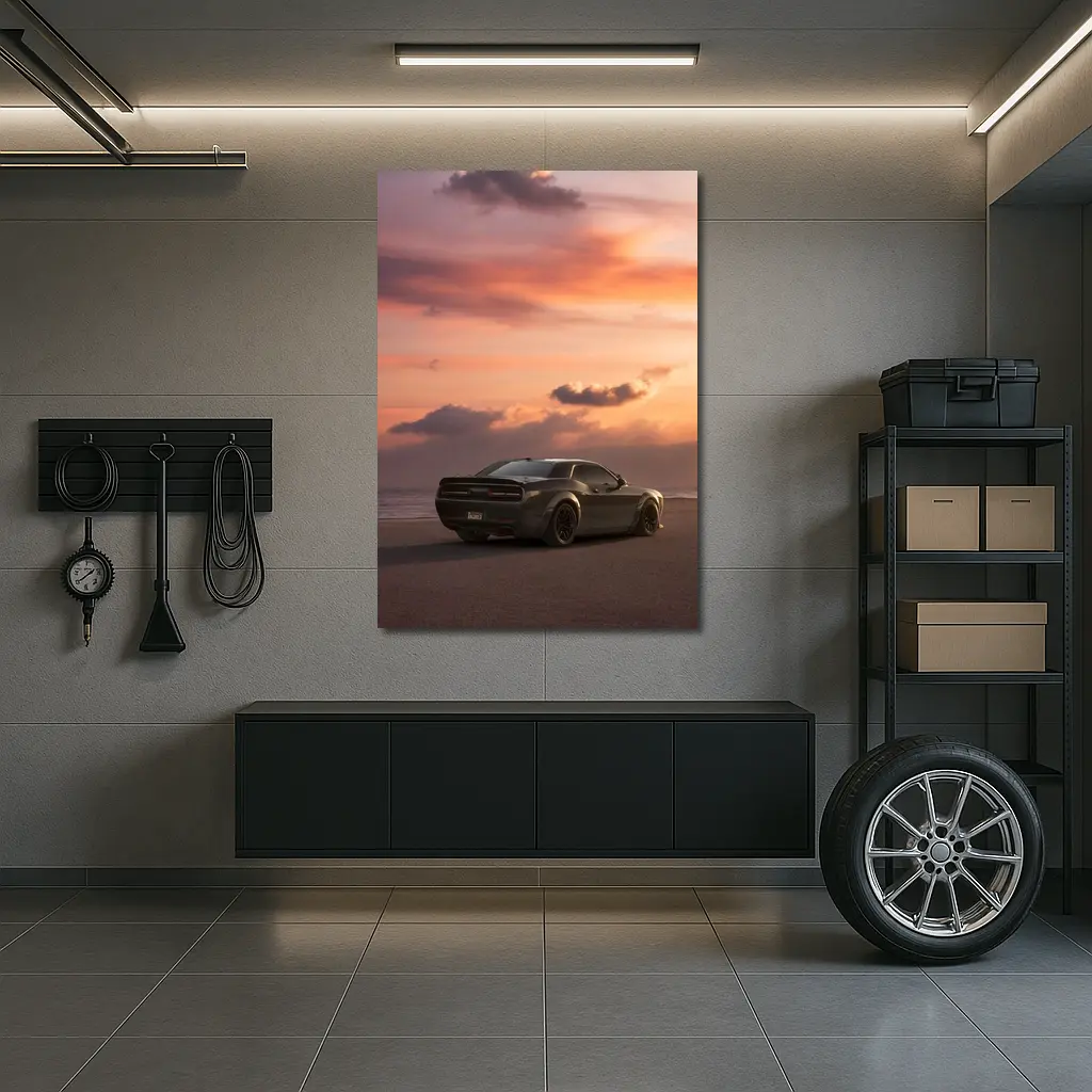 Dodge Challenger Parked on Beach at Sunset – Wall Art