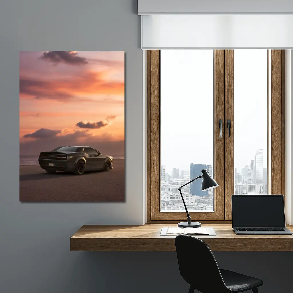 Dodge Challenger Parked on Beach at Sunset – Wall Art