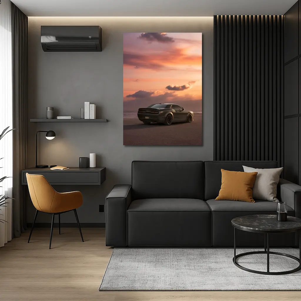 Dodge Challenger Parked on Beach at Sunset – Wall Art