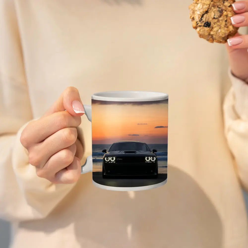 Dodge Challenger Black Muscle Car Sunset Beach – Mugs
