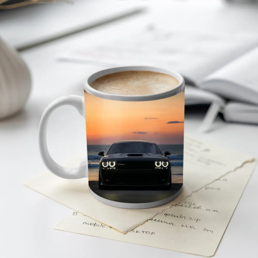 Dodge Challenger Black Muscle Car Sunset Beach – Mugs