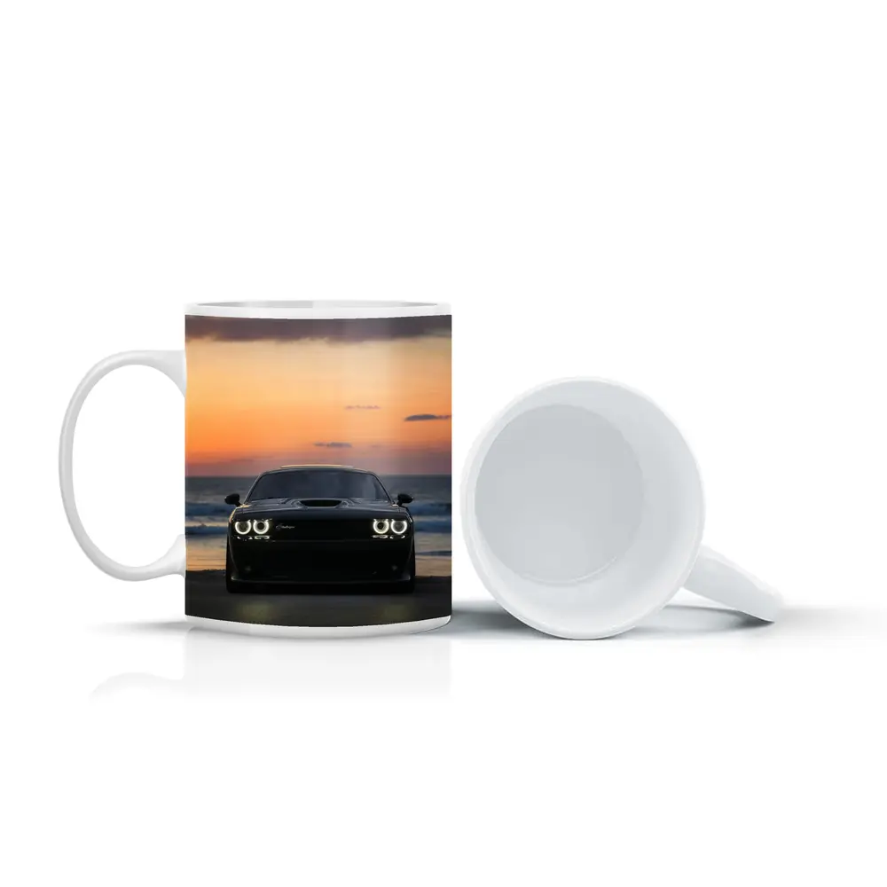 Dodge Challenger Black Muscle Car Sunset Beach – Mugs
