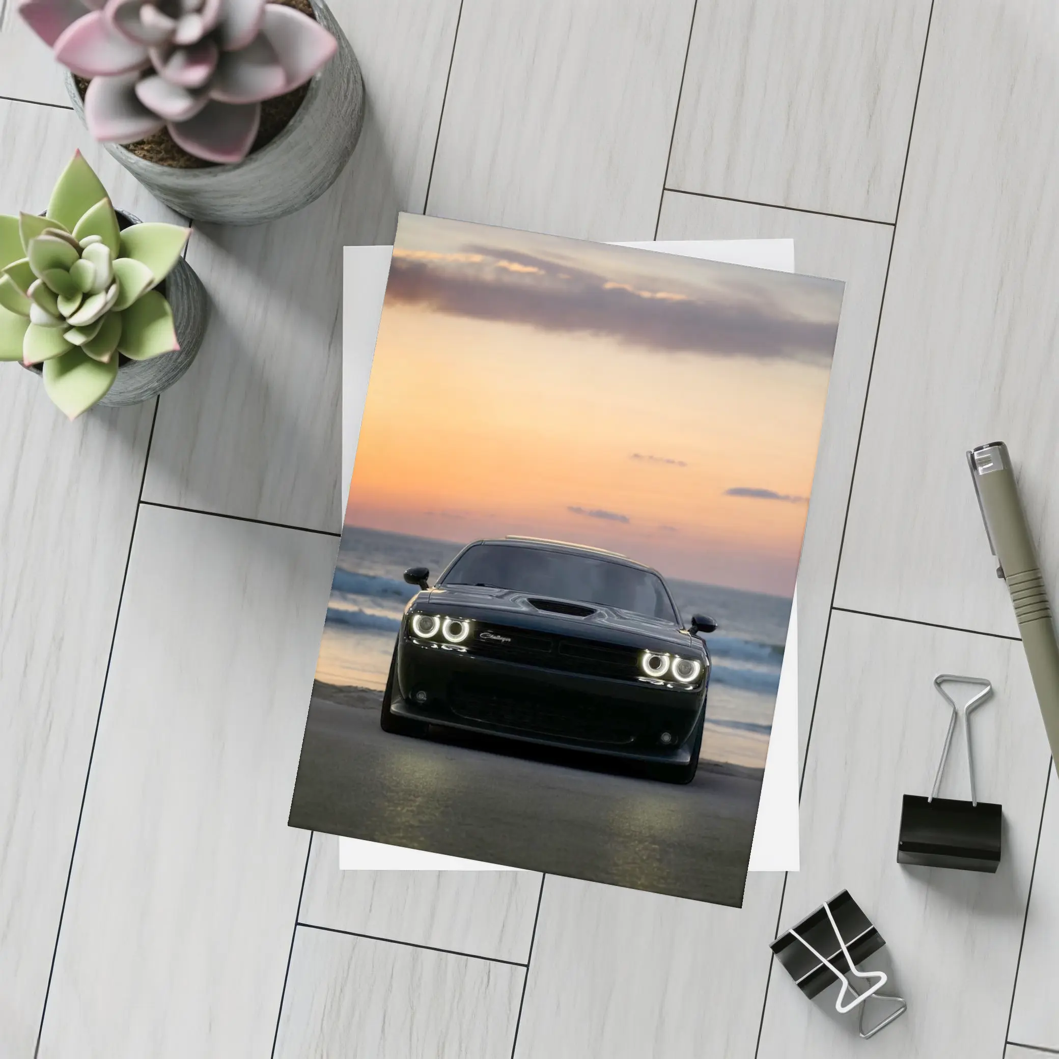 Dodge Challenger Black Muscle Car Sunset Beach – Postcards
