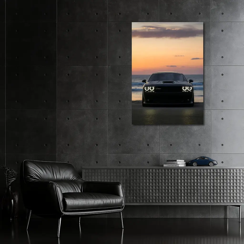 Dodge Challenger Black Muscle Car Sunset Beach – Wall Art