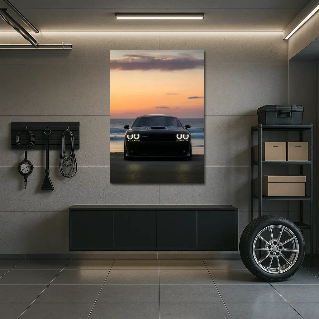 Dodge Challenger Black Muscle Car Sunset Beach – Wall Art