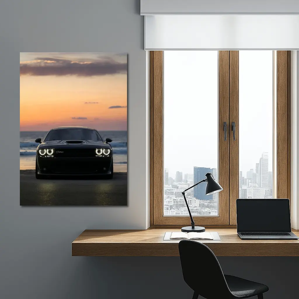Dodge Challenger Black Muscle Car Sunset Beach – Wall Art
