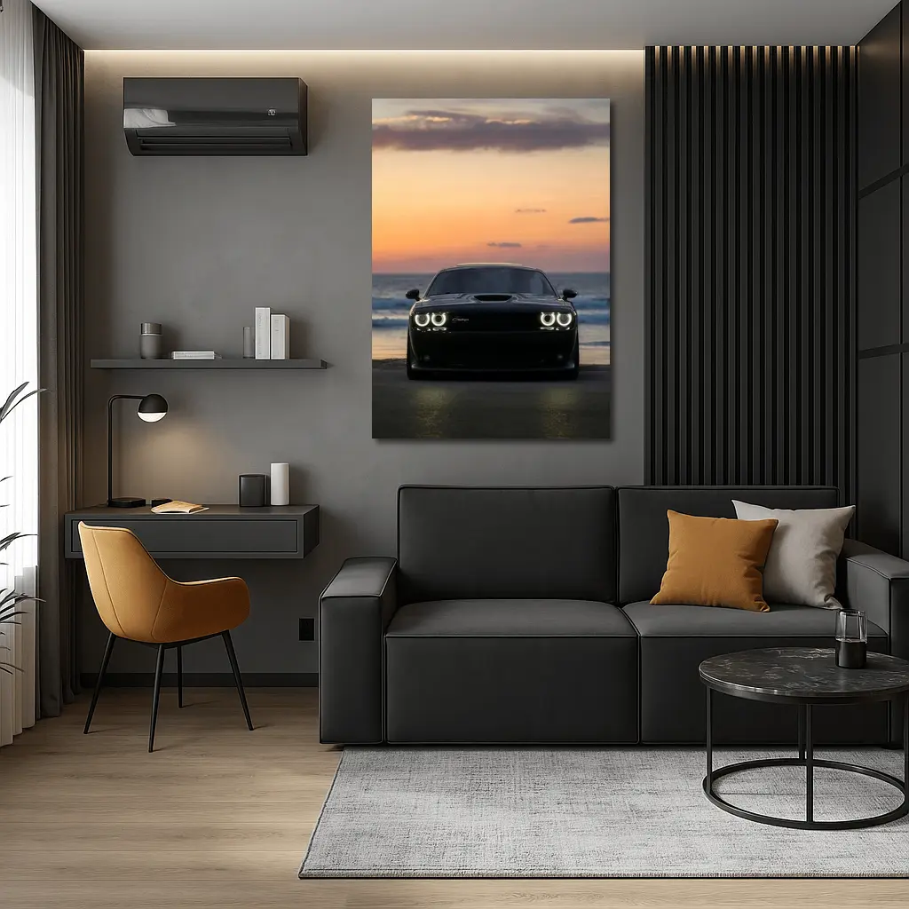 Dodge Challenger Black Muscle Car Sunset Beach – Wall Art