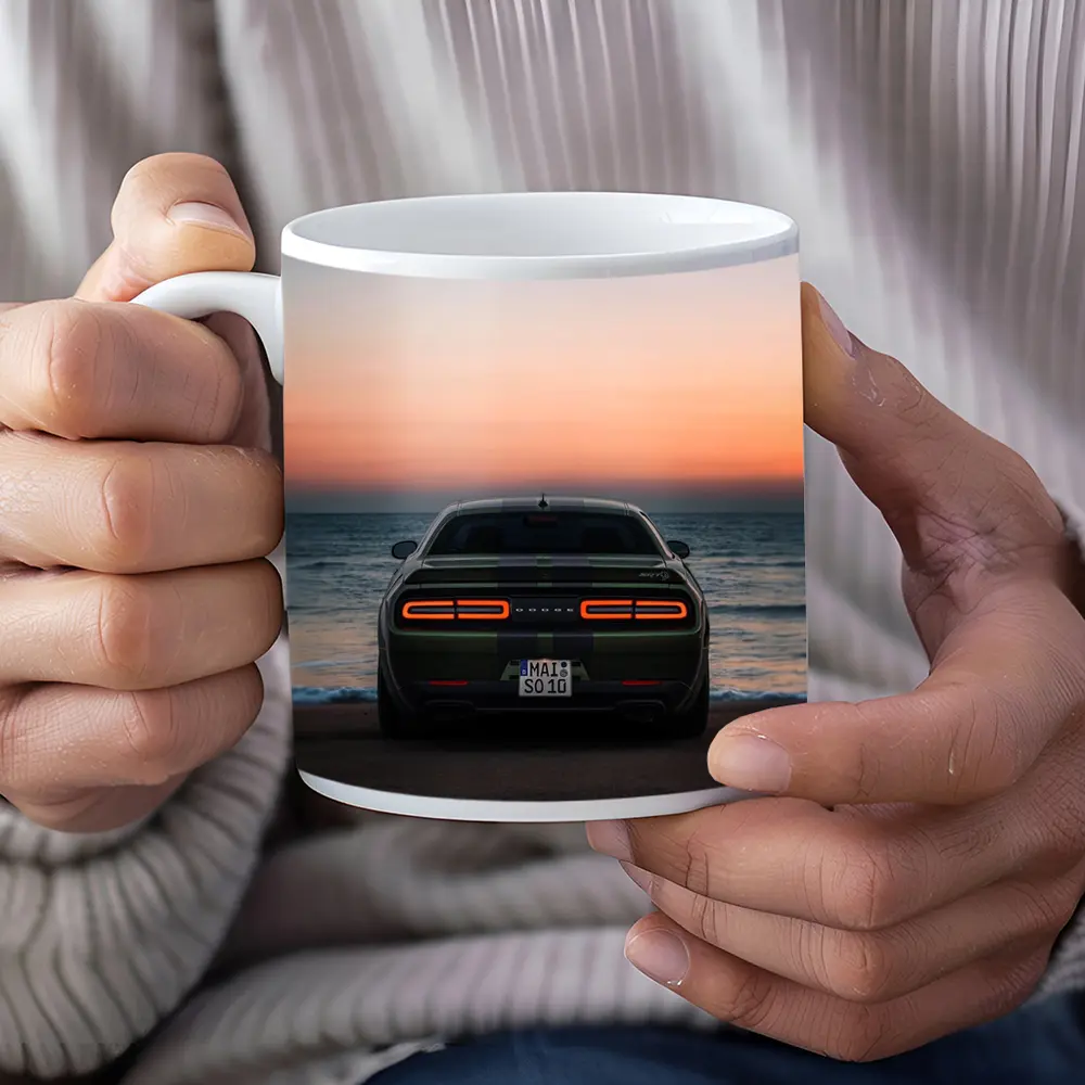 Dodge Challenger Rear View Ocean Sunset – Mugs