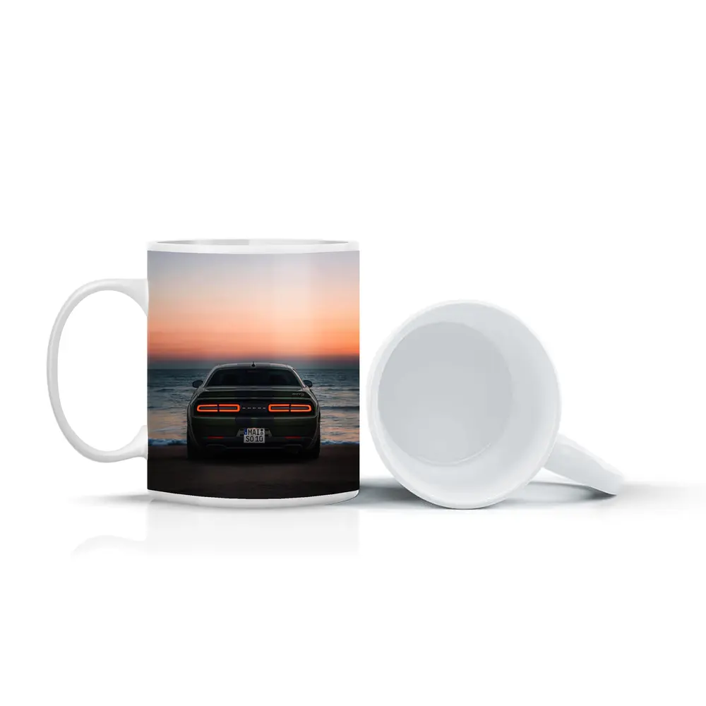 Dodge Challenger Rear View Ocean Sunset – Mugs