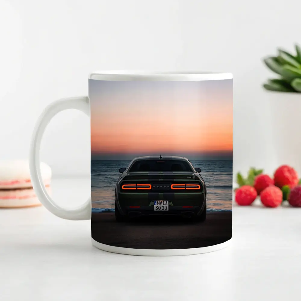 Dodge Challenger Rear View Ocean Sunset – Mugs