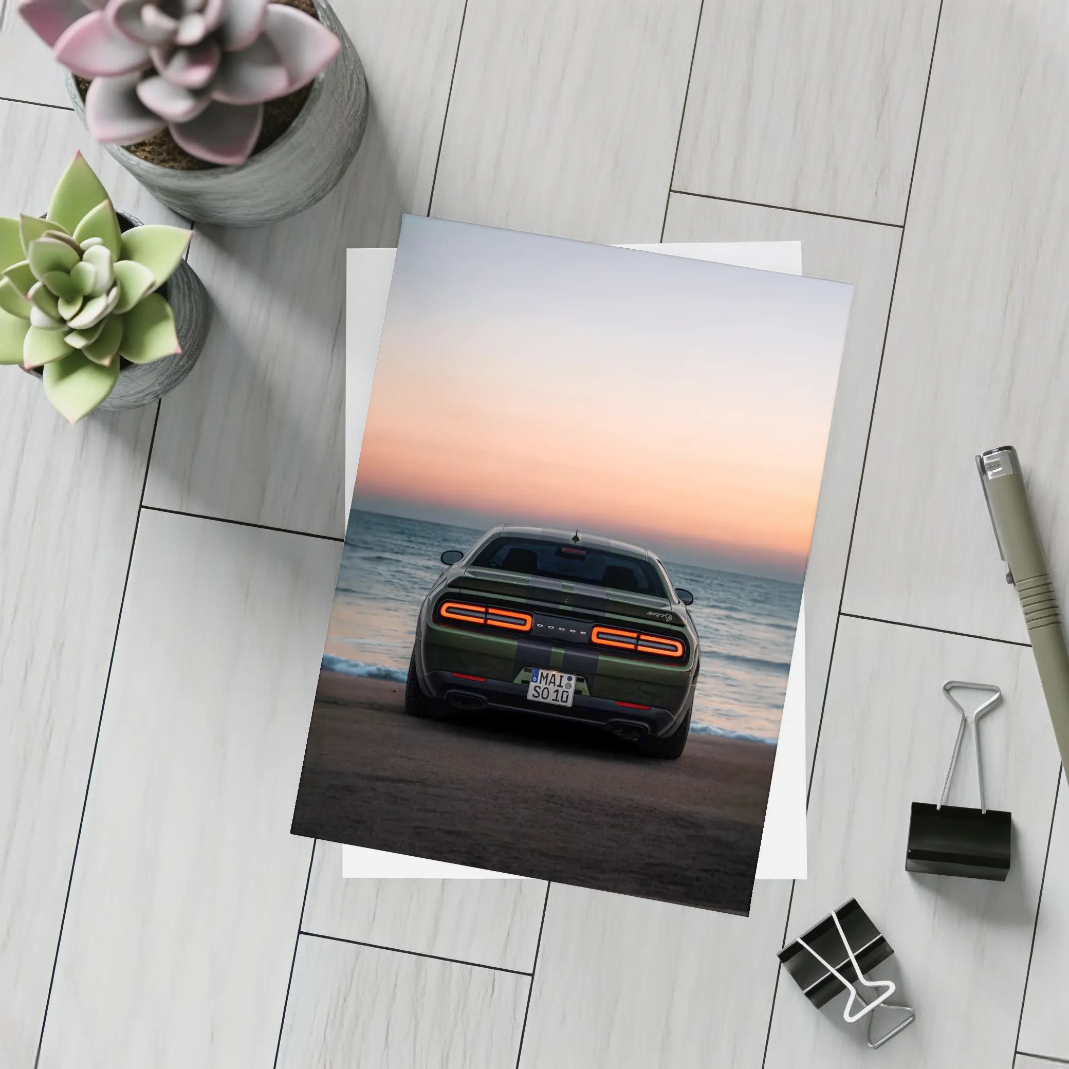 Dodge Challenger Rear View Ocean Sunset – Postcards