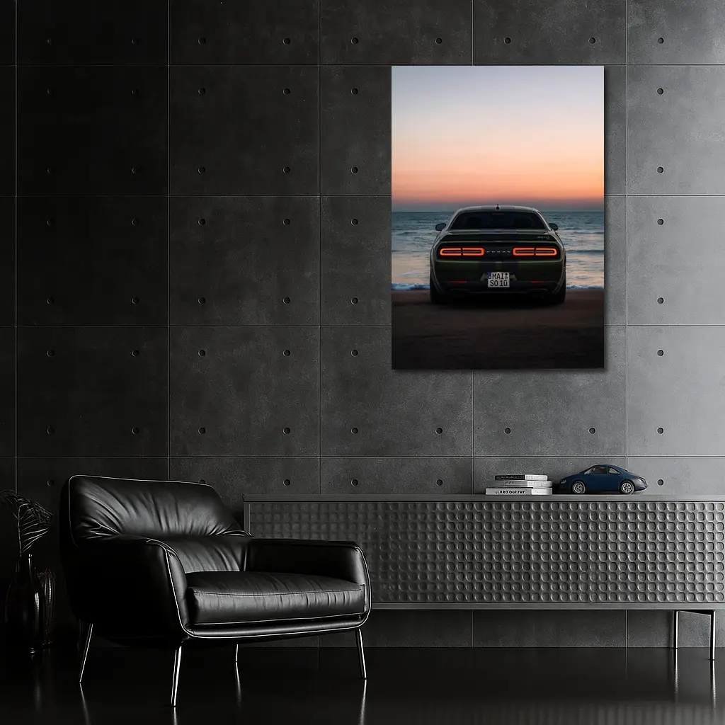 Dodge Challenger Rear View Ocean Sunset – Wall Art