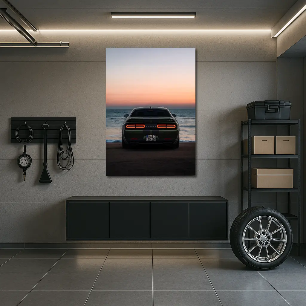 Dodge Challenger Rear View Ocean Sunset – Wall Art