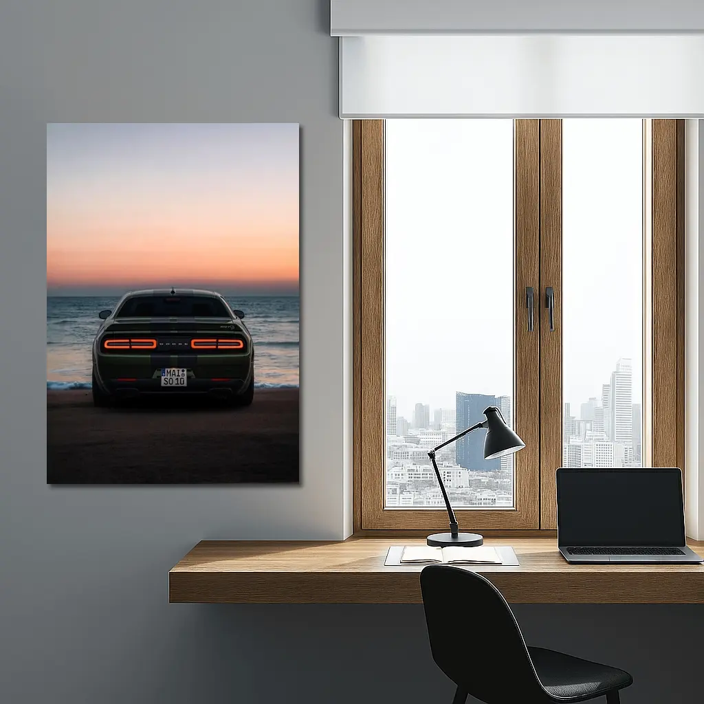 Dodge Challenger Rear View Ocean Sunset – Wall Art