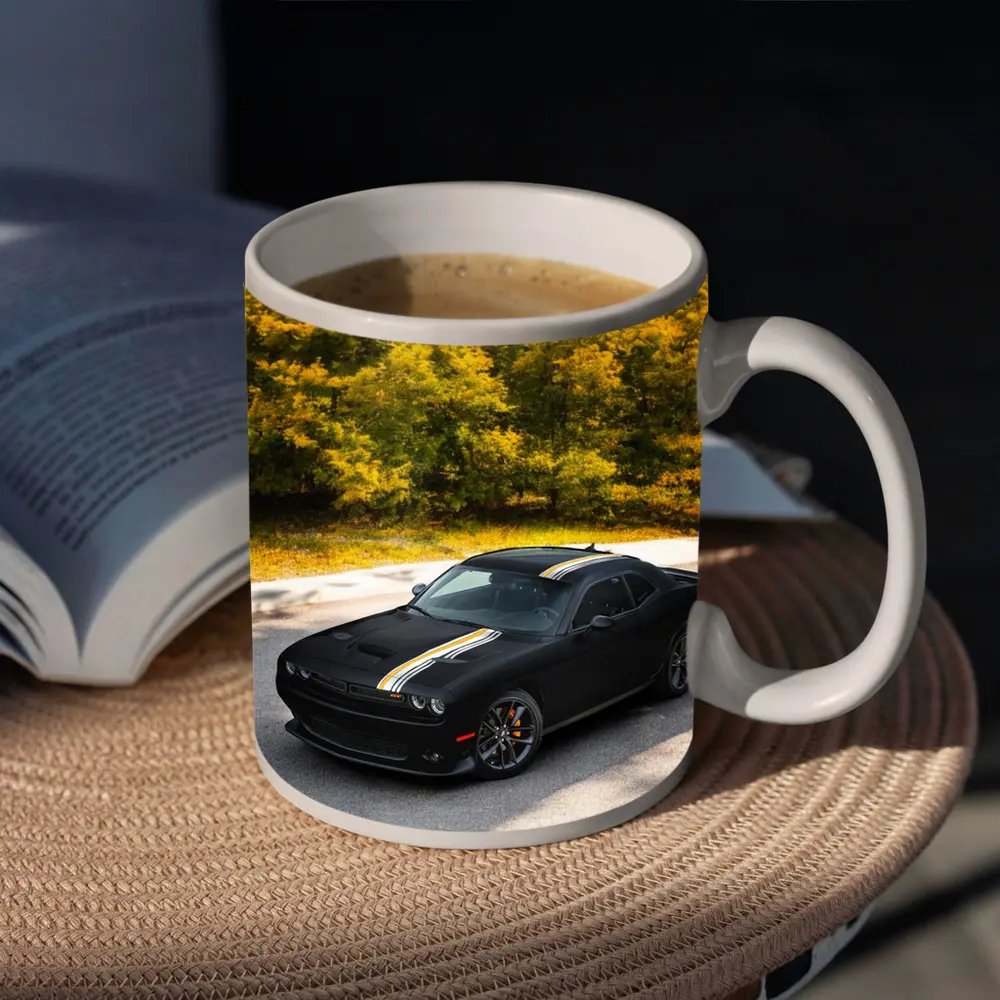 Dodge Challenger Black Muscle Car Autumn Trees – Mugs