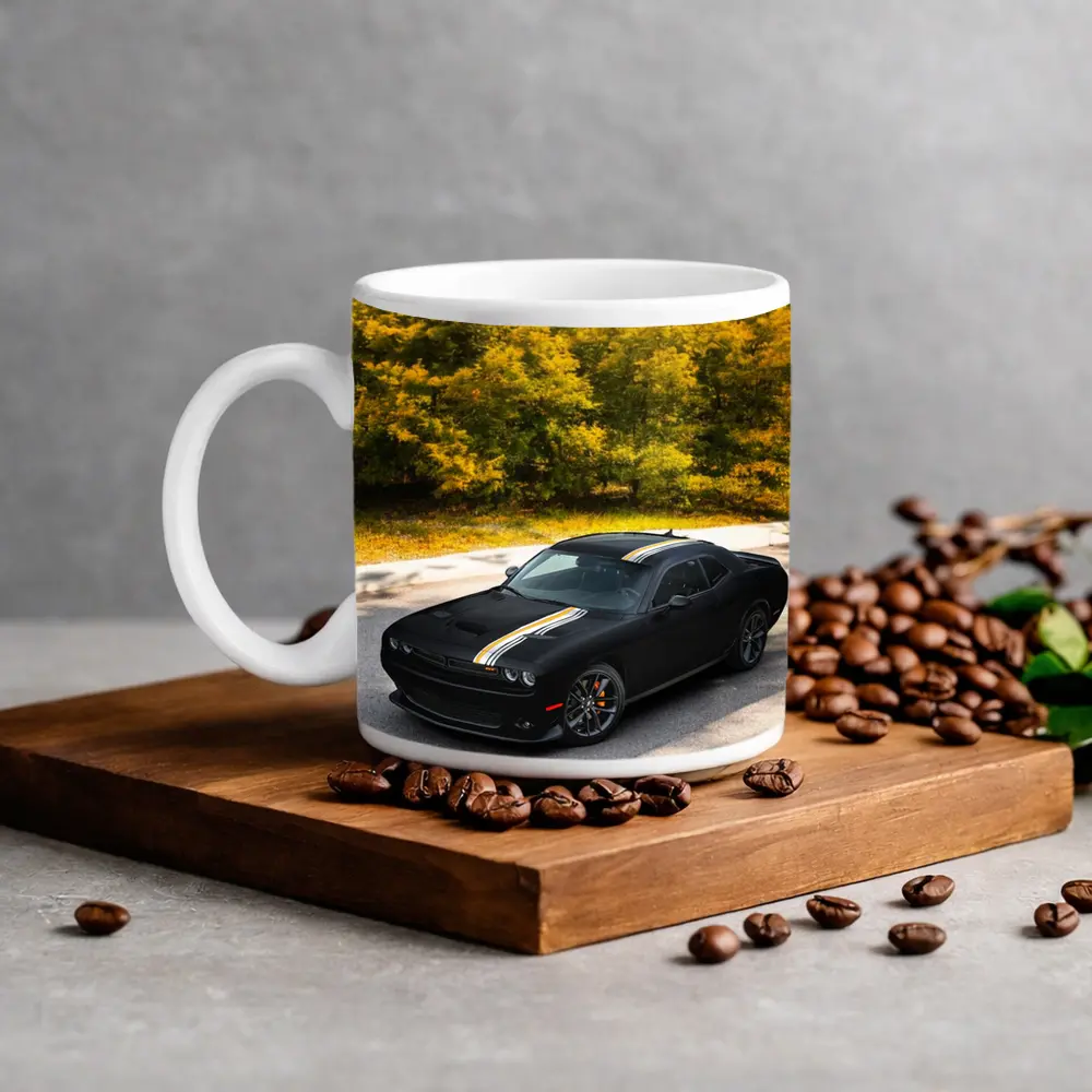 Dodge Challenger Black Muscle Car Autumn Trees – Mugs