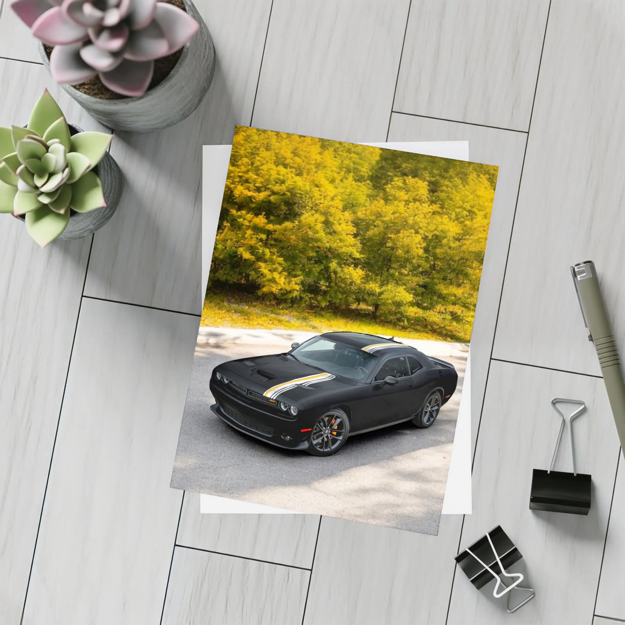 Dodge Challenger Black Muscle Car Autumn Trees – Postcards