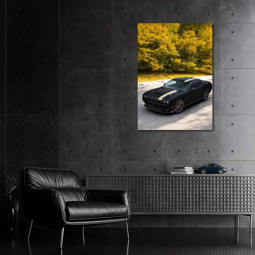Dodge Challenger Black Muscle Car Autumn Trees – Wall Art