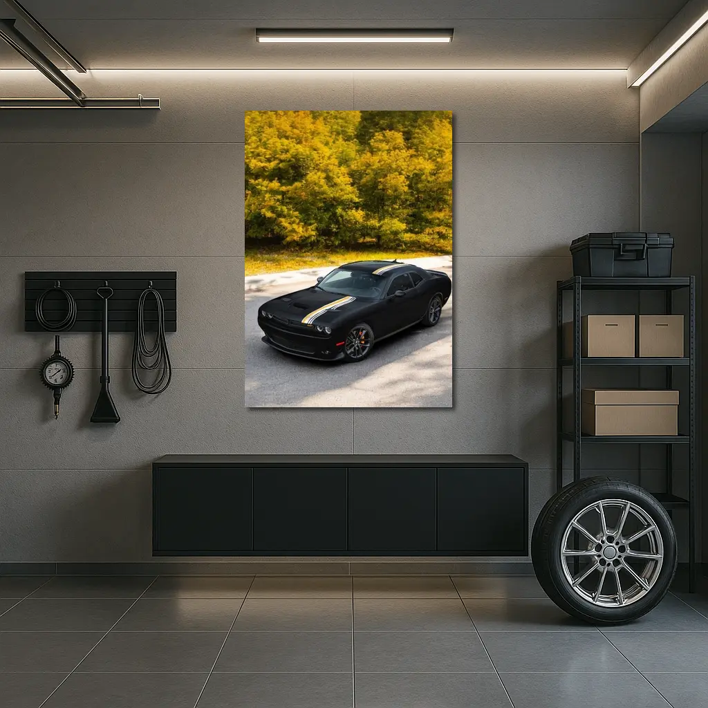 Dodge Challenger Black Muscle Car Autumn Trees – Wall Art