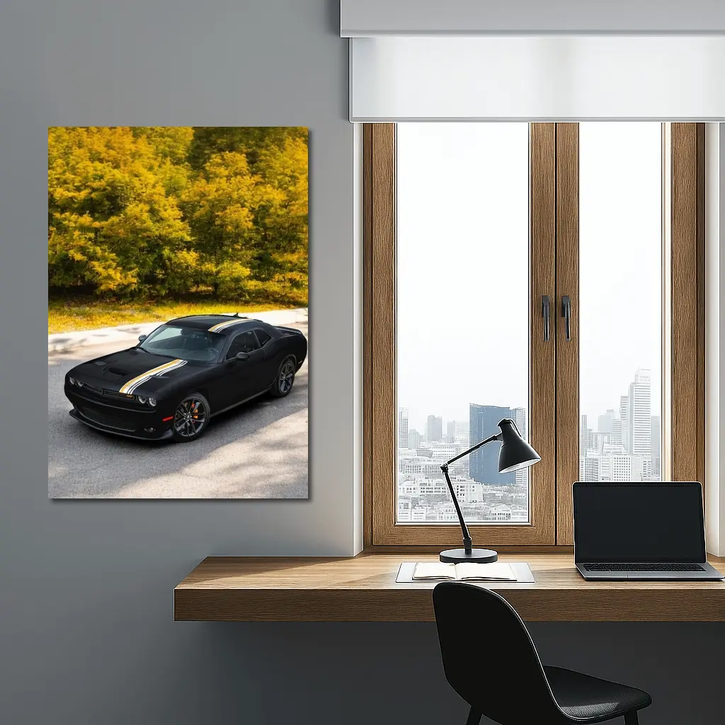 Dodge Challenger Black Muscle Car Autumn Trees – Wall Art