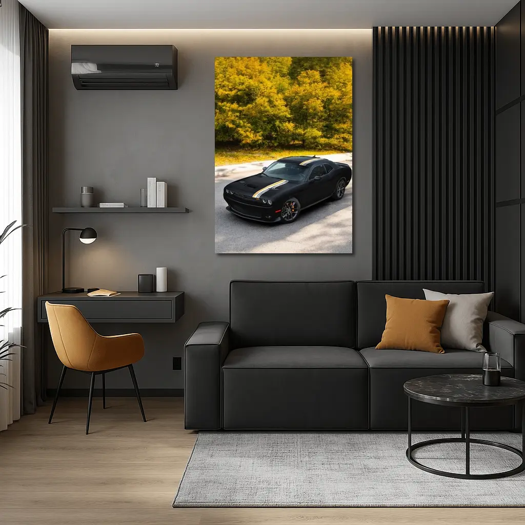 Dodge Challenger Black Muscle Car Autumn Trees – Wall Art