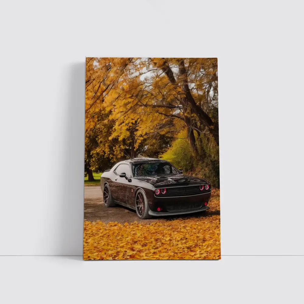Dodge Challenger Black Muscle Car Autumn Trees – Wall Art