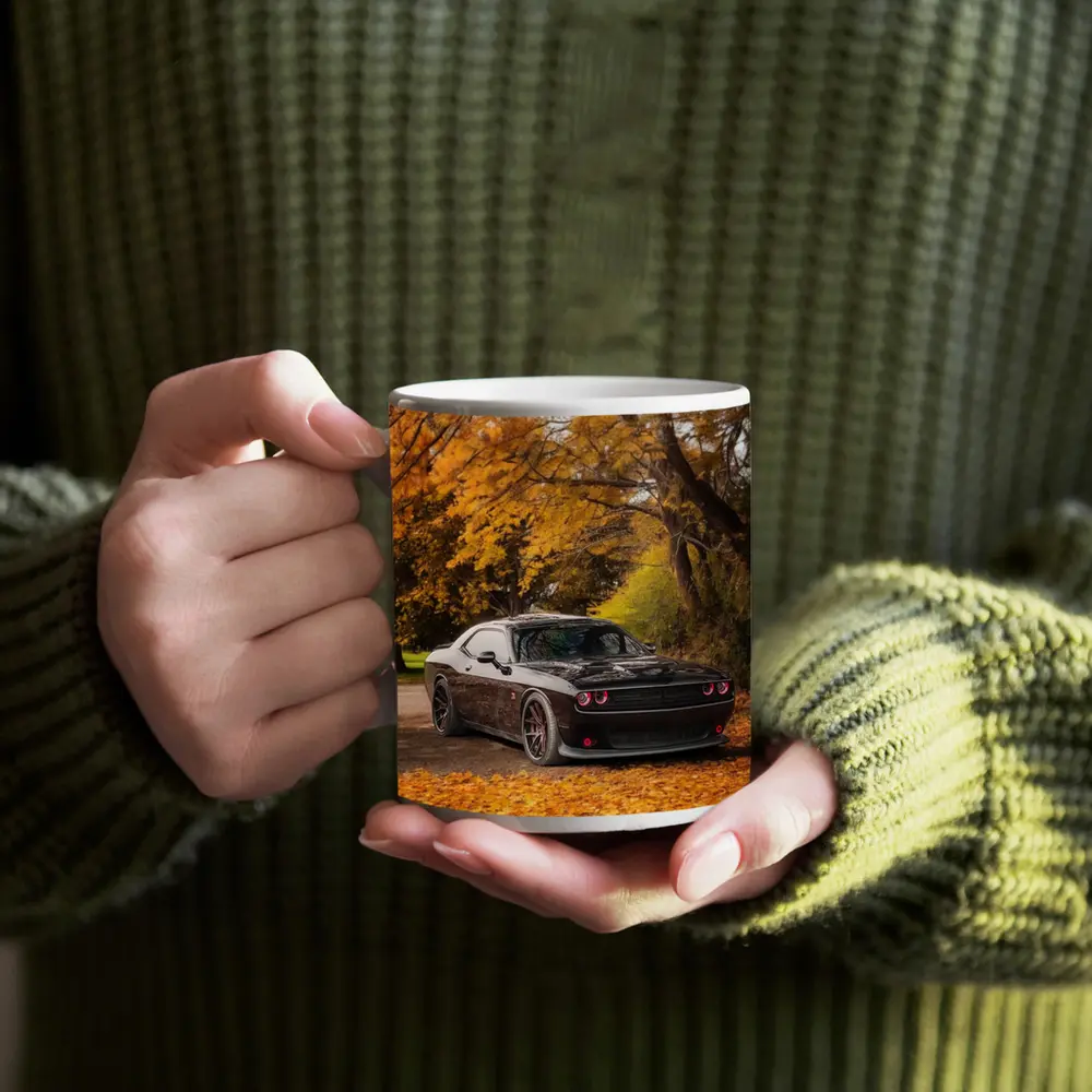 Dodge Challenger Black Muscle Car Autumn Trees – Mugs