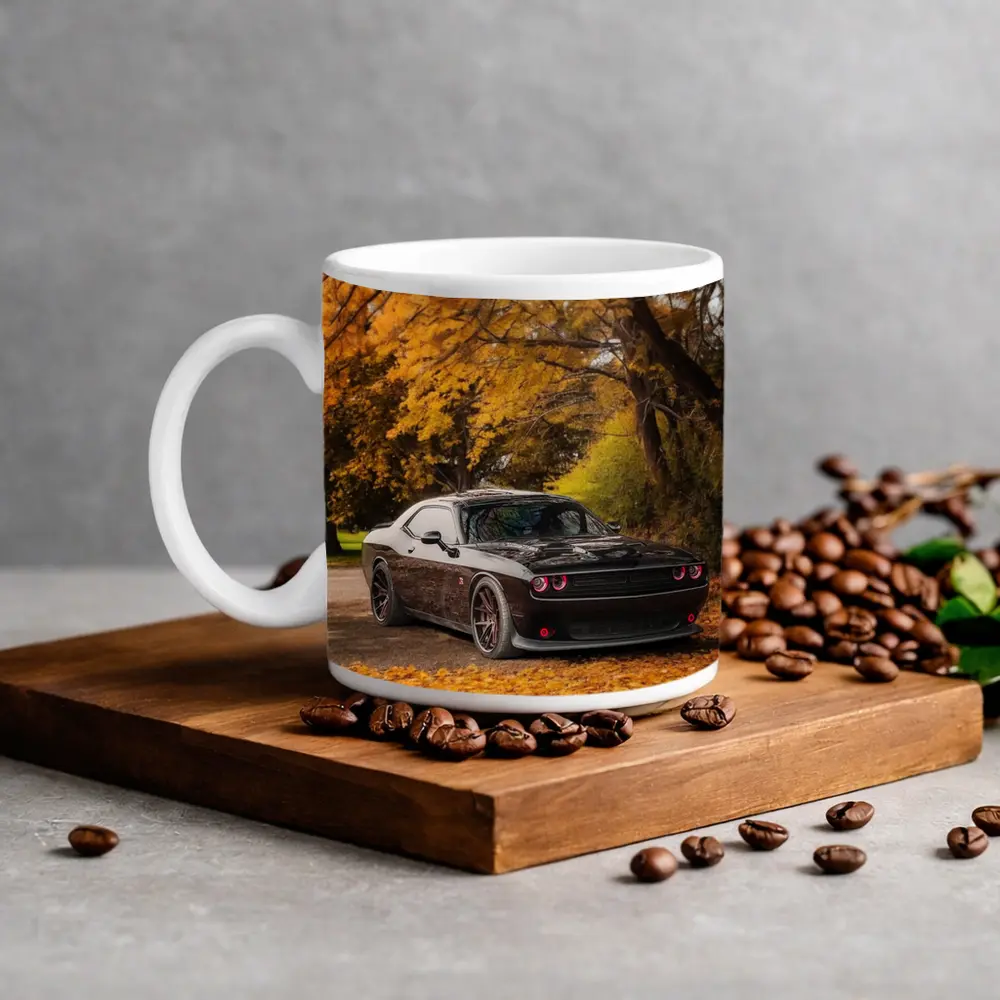 Dodge Challenger Black Muscle Car Autumn Trees – Mugs