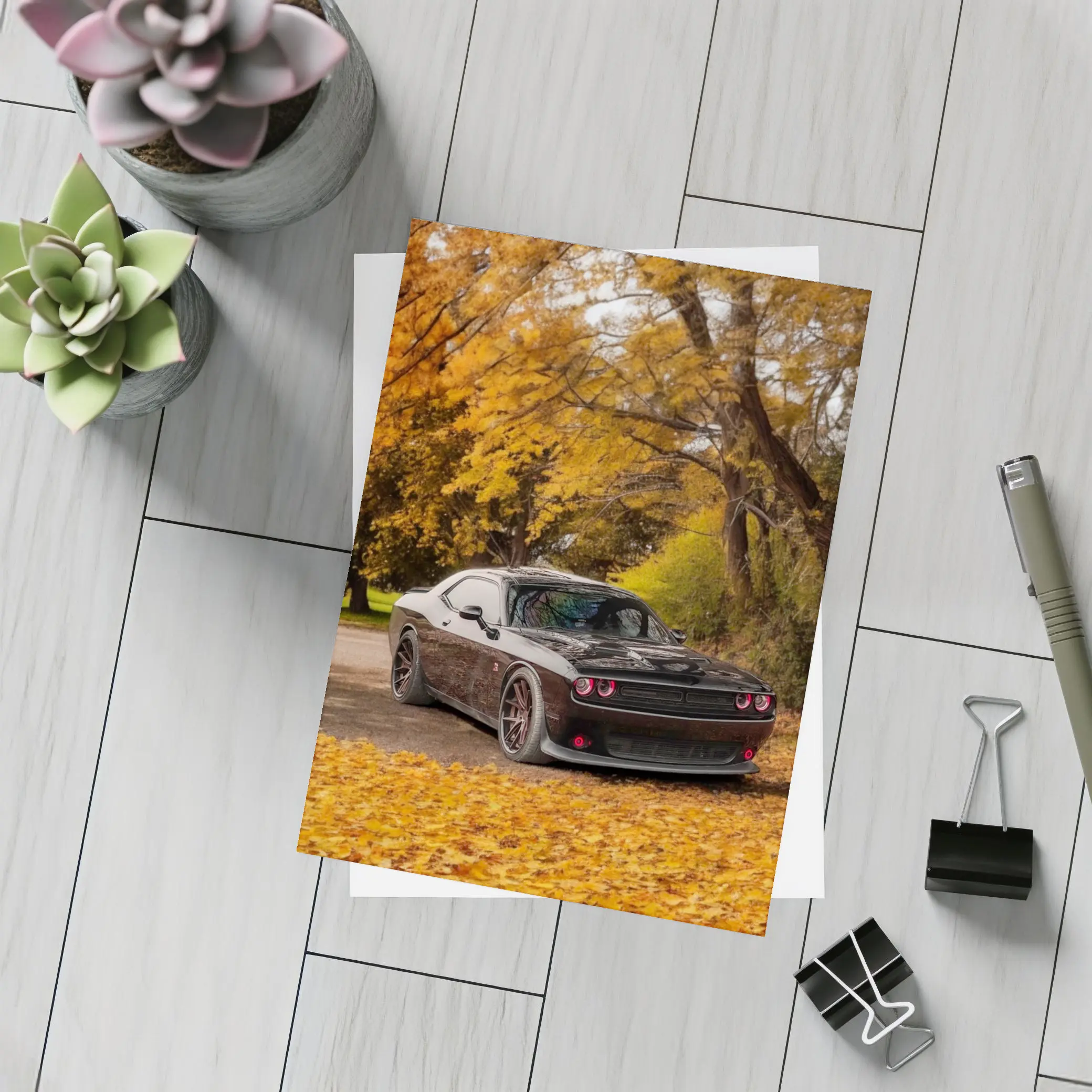 Dodge Challenger Black Muscle Car Autumn Trees – Postcards
