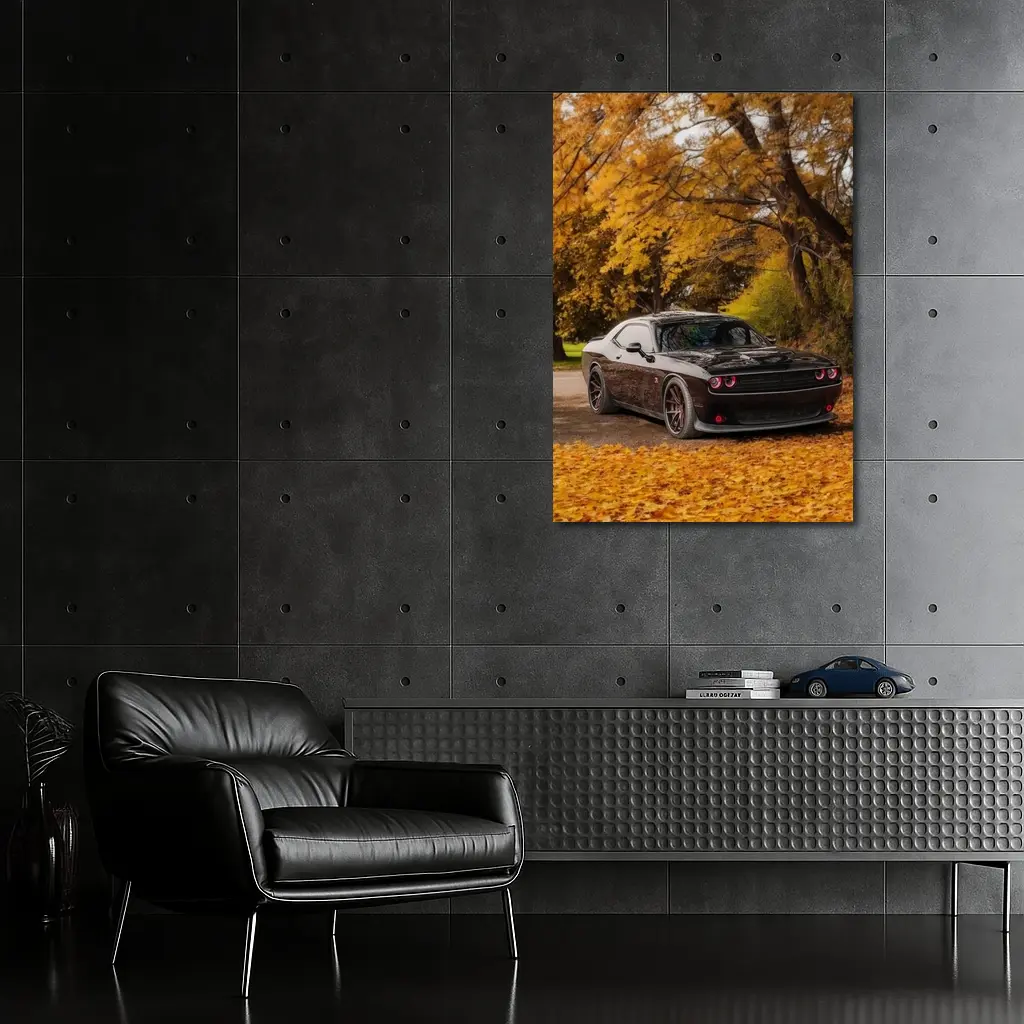 Dodge Challenger Black Muscle Car Autumn Trees – Wall Art