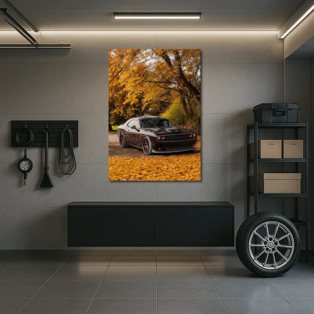 Dodge Challenger Black Muscle Car Autumn Trees – Wall Art