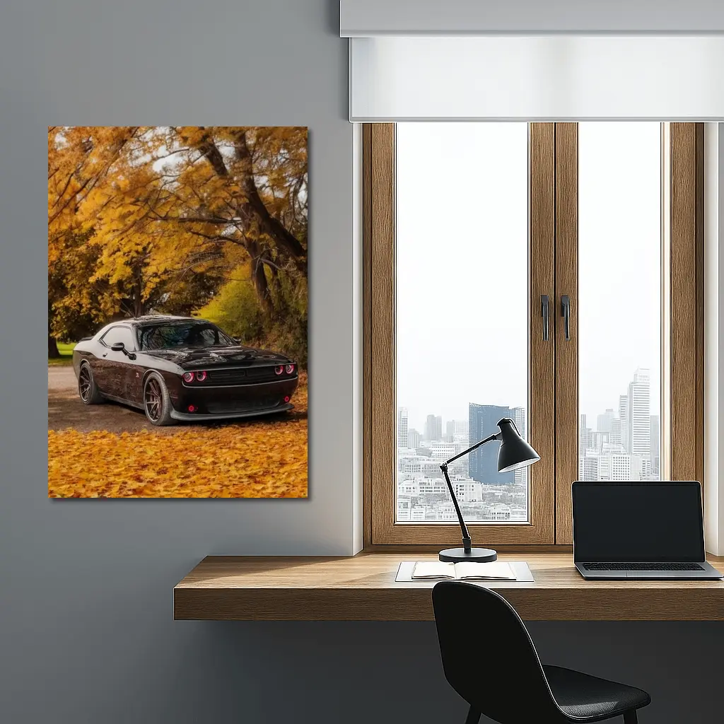 Dodge Challenger Black Muscle Car Autumn Trees – Wall Art