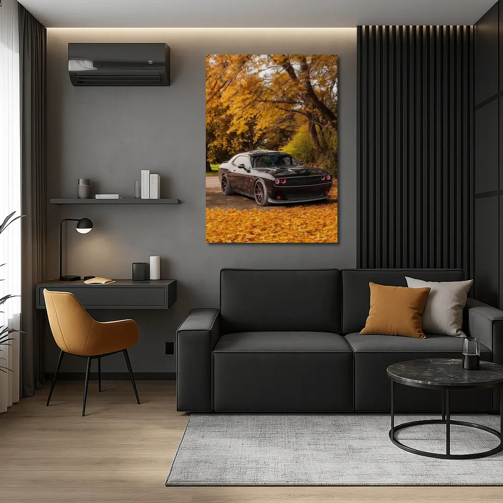 Dodge Challenger Black Muscle Car Autumn Trees – Wall Art