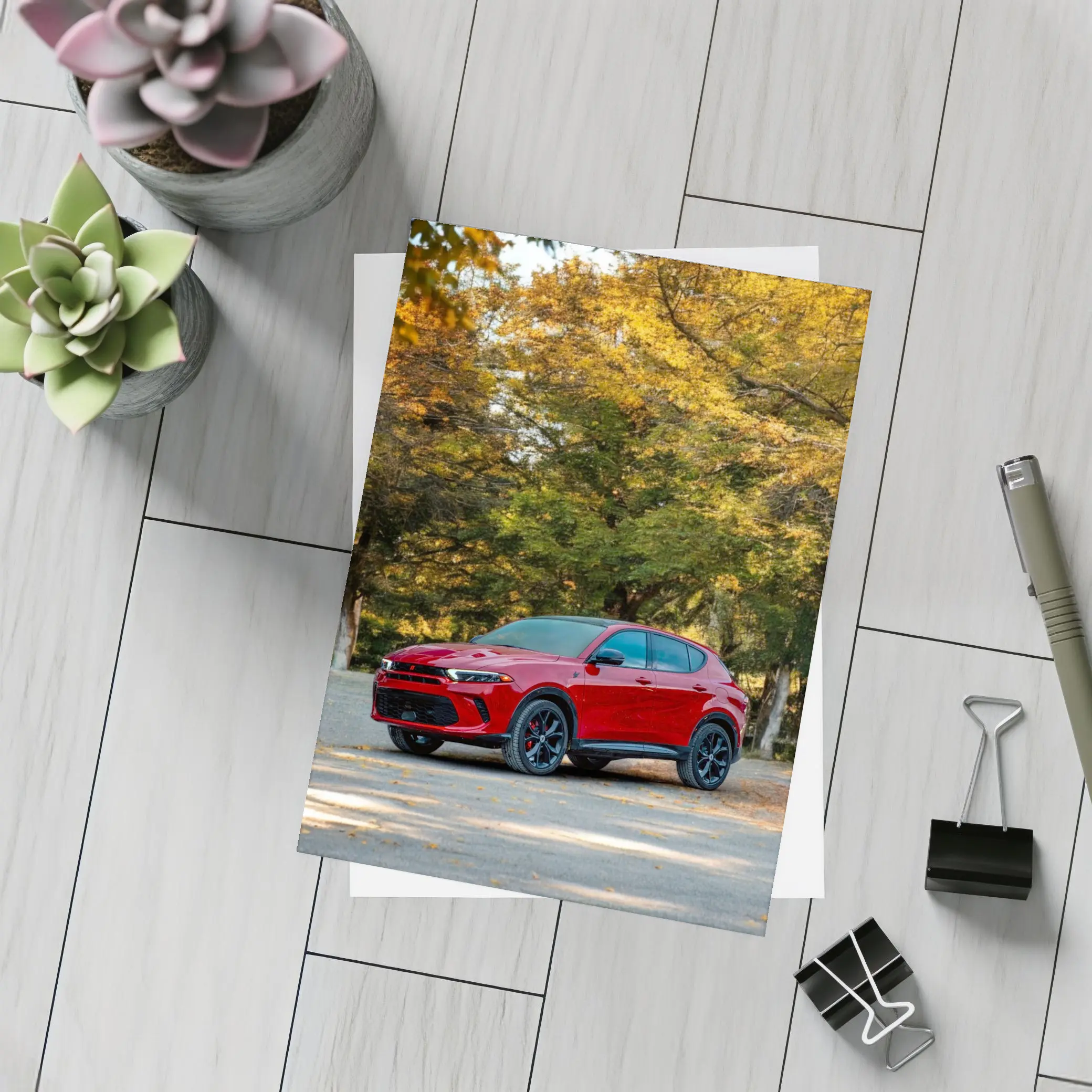 Dodge Hornet Red SUV Autumn Forest – Postcards