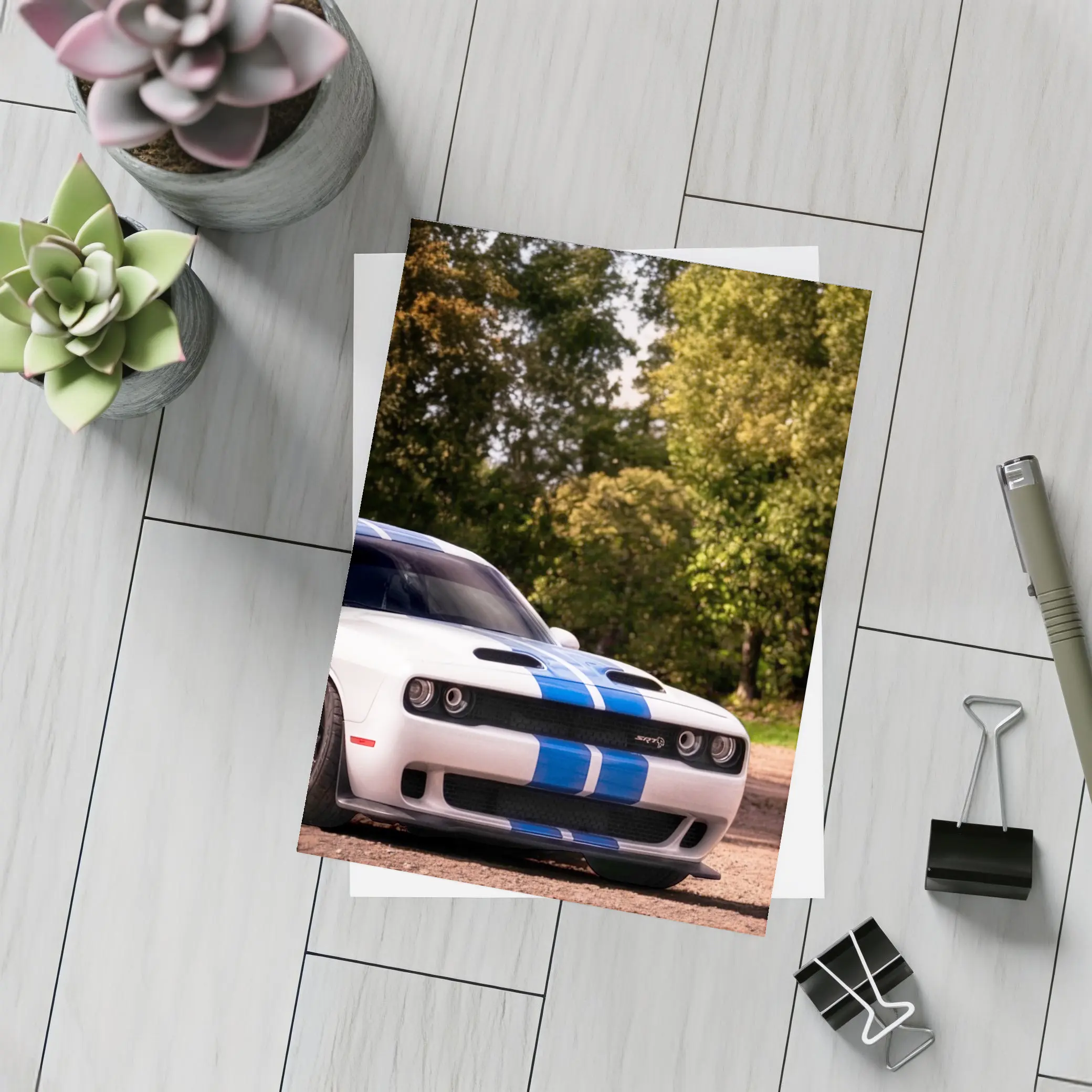 Dodge Challenger SRT White Blue Stripes Forest – Postcards