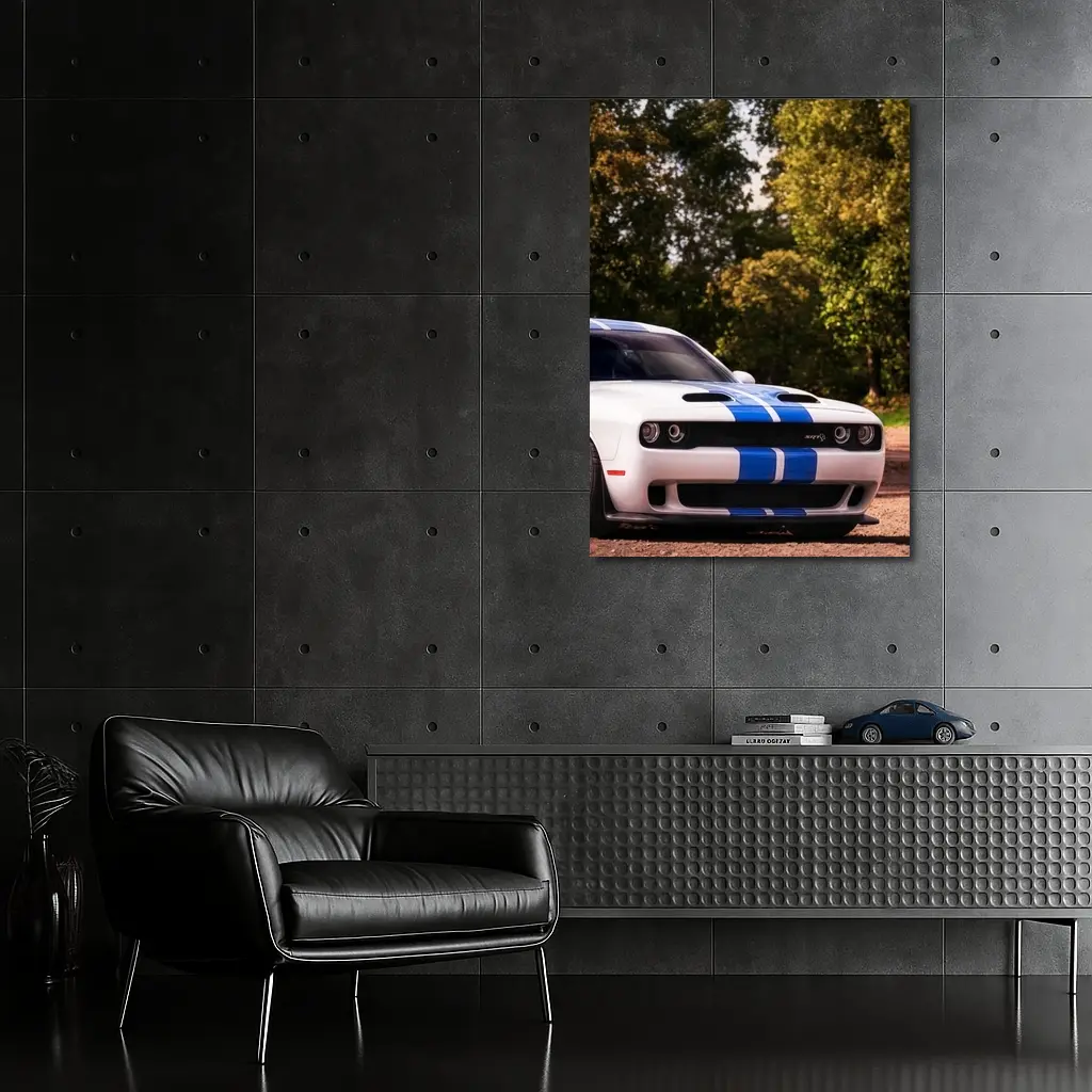 Dodge Challenger SRT White Blue Stripes Forest – Wall Art
